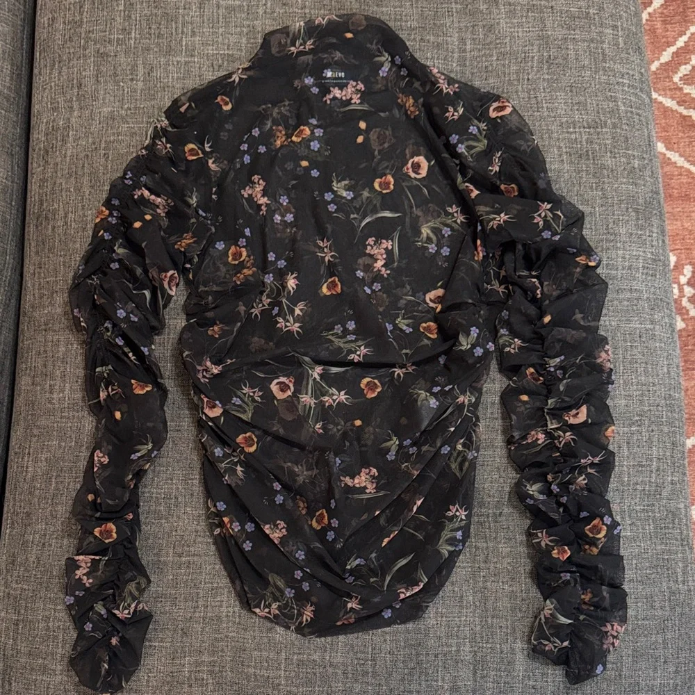 🖤 Maeve by Anthropologie Floral Sheer Mesh Long Sleeve Top | Size L - Picture 6 of 10